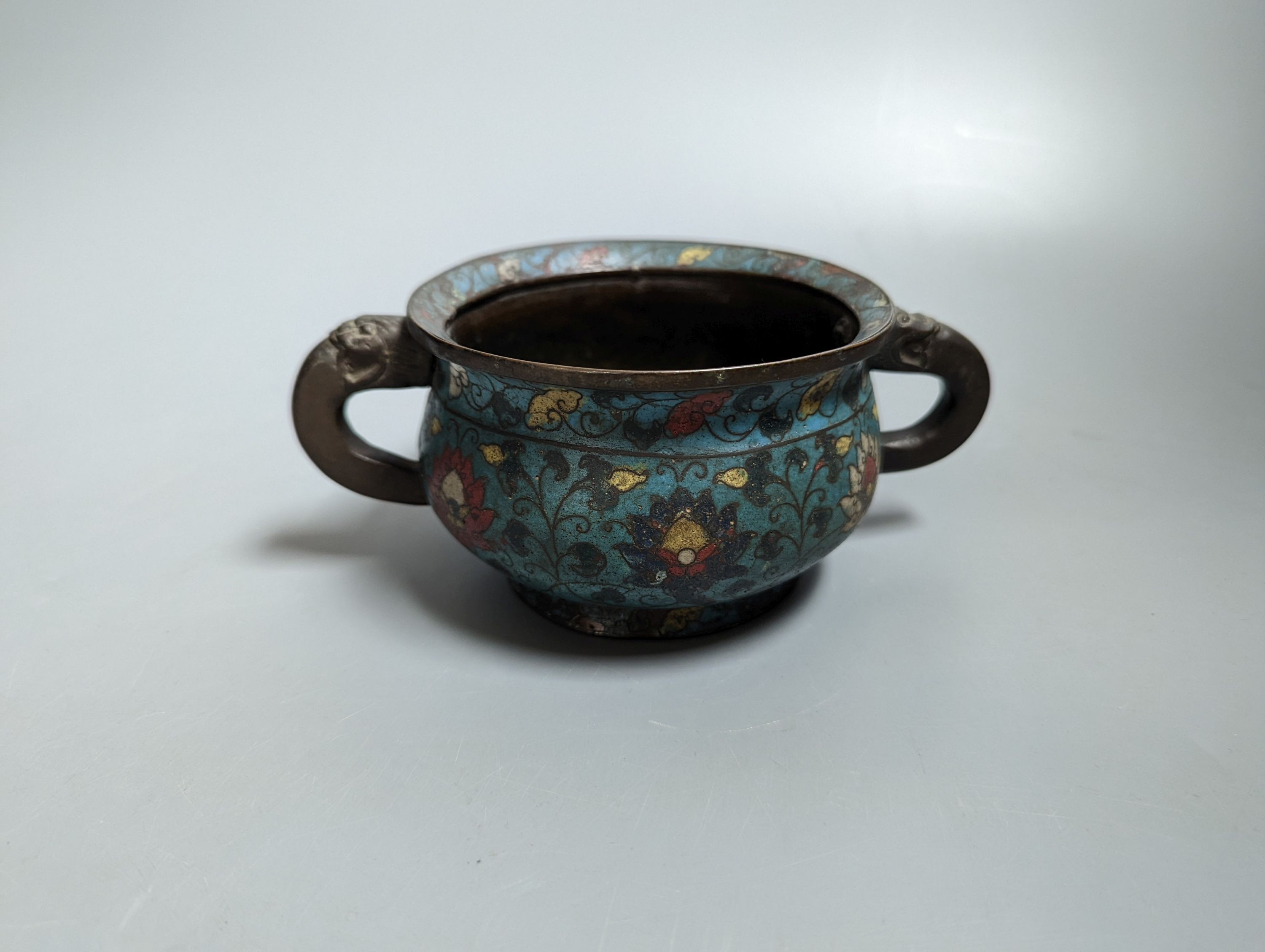 A Chinese late Ming dynasty bronze and cloisonné enamel ding censer 18cm